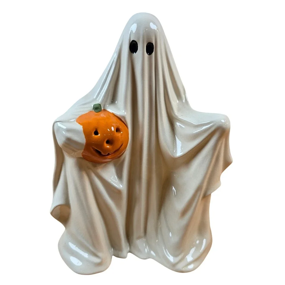 Ceramic Byron Mold Ghost Pumpkin Jack-o'-lantern Handpainted 9